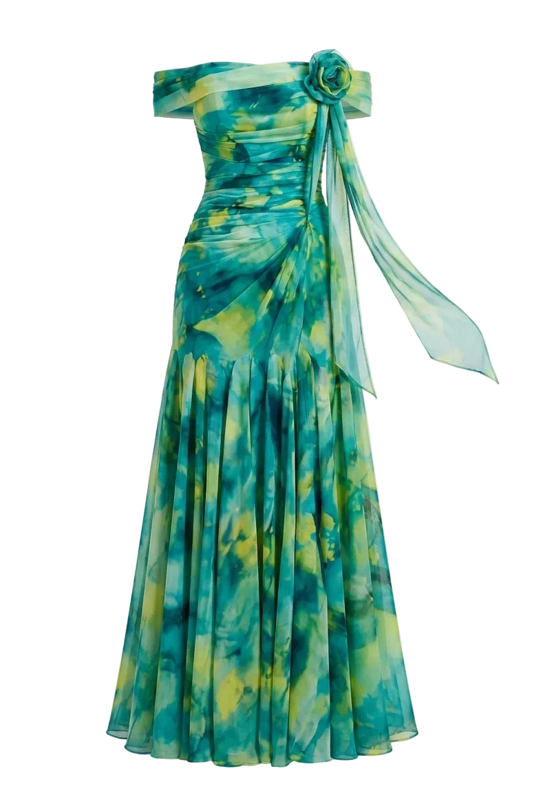 VESTIDO MIDI DRAPEADO ESCOTE BARDOT CON BROCHE