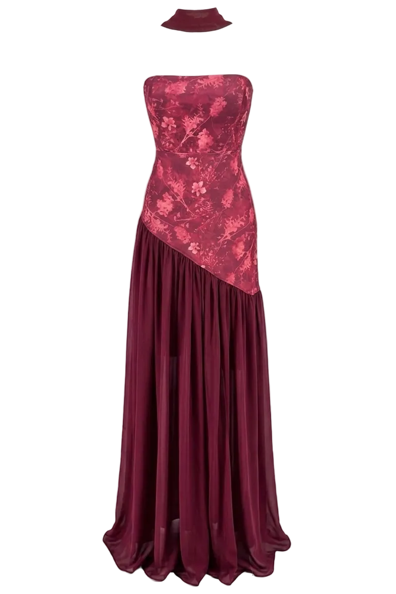 VESTIDO LARGO ASIMÉTRICO CON FULAR