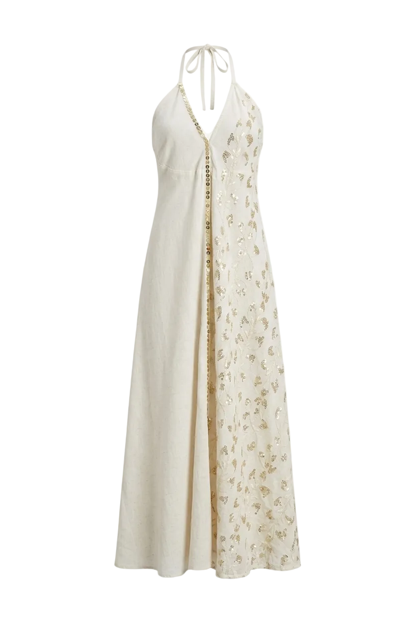VESTIDO HALTER CON LINO BORDADO LENTEJUELAS