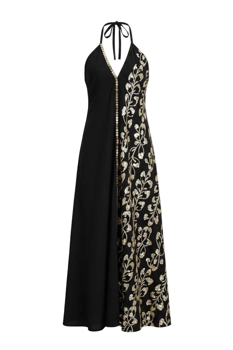 VESTIDO HALTER CON LINO BORDADO LENTEJUELAS