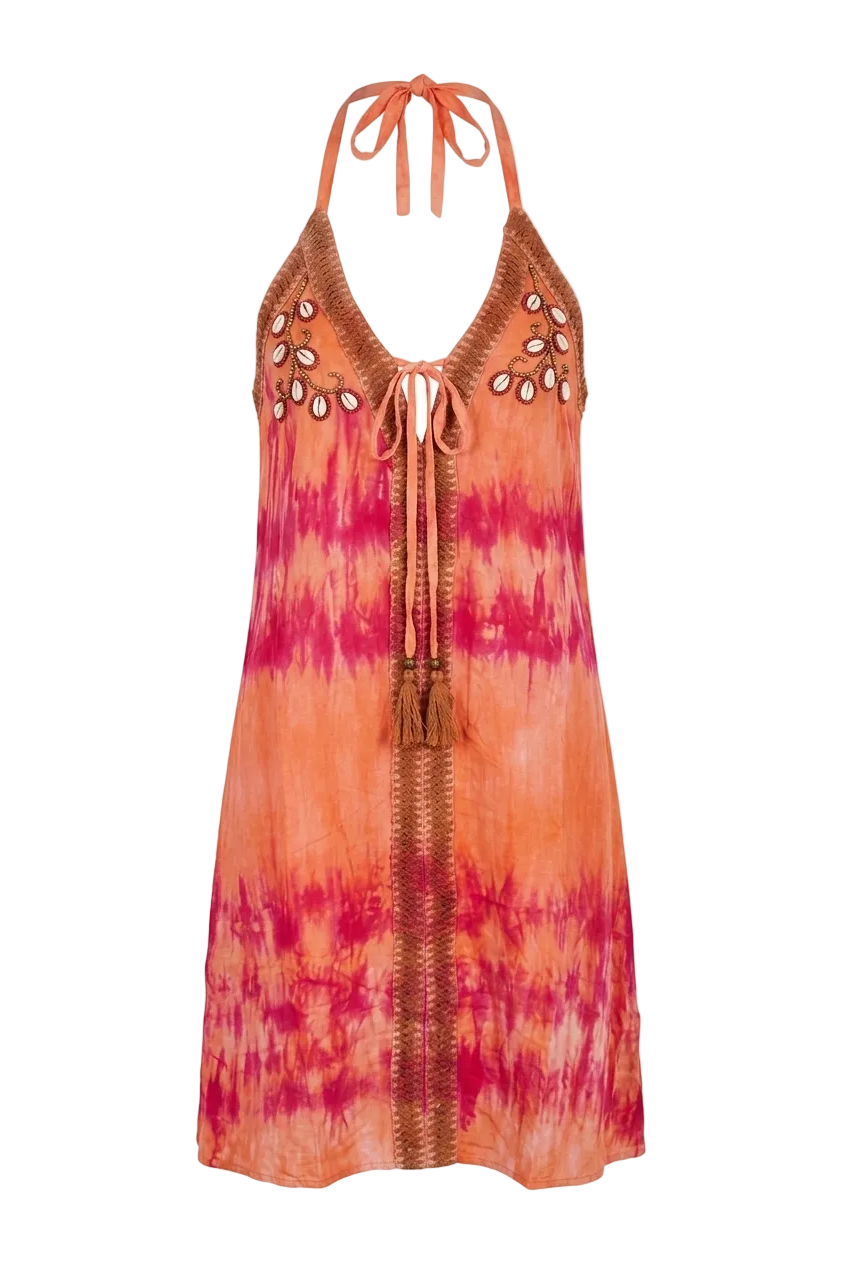 VESTIDO BOHO CORTO BORDADO RAFIA