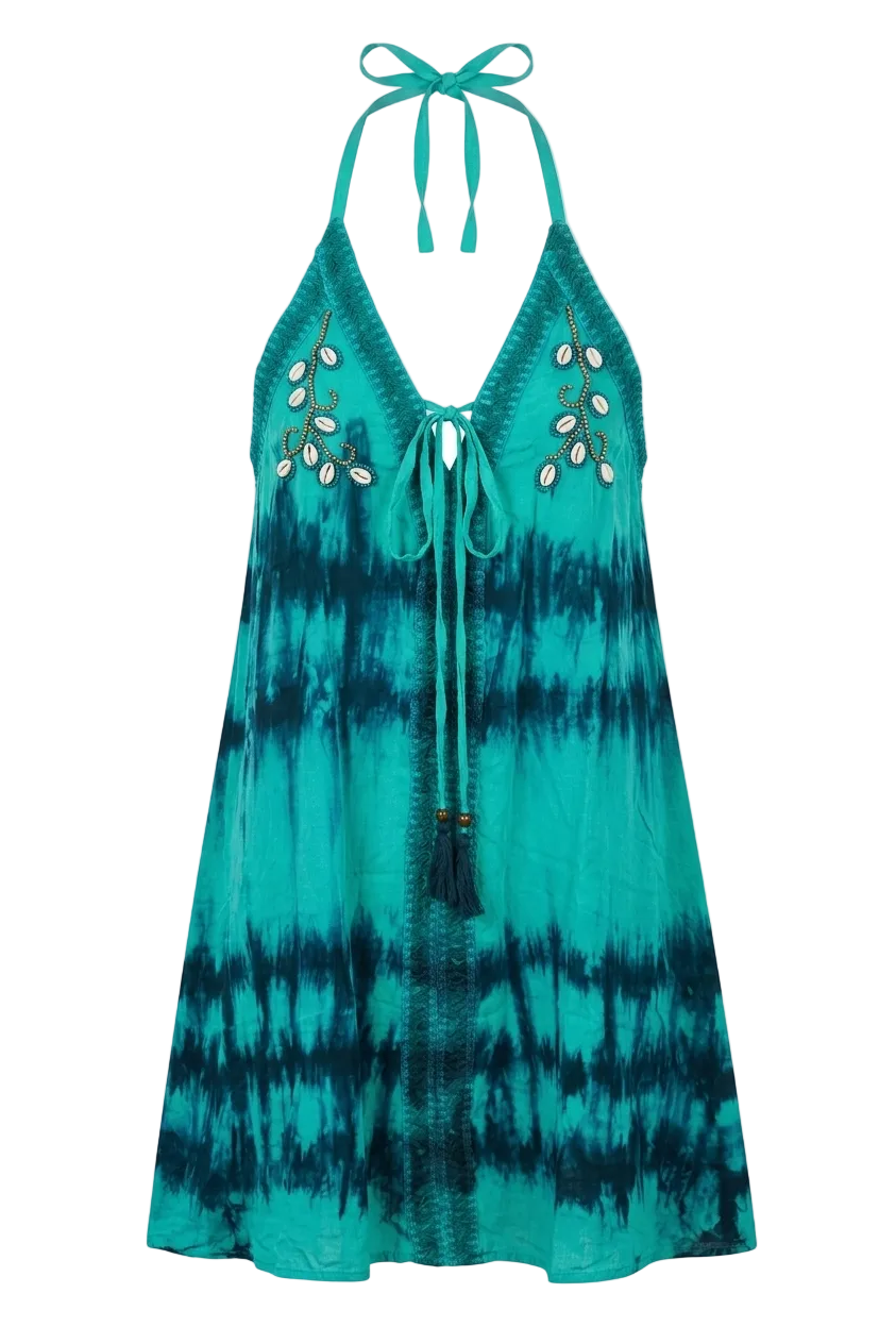 VESTIDO BOHO CORTO BORDADO RAFIA