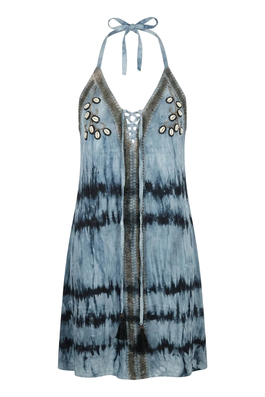 VESTIDO BOHO CORTO BORDADO RAFIA