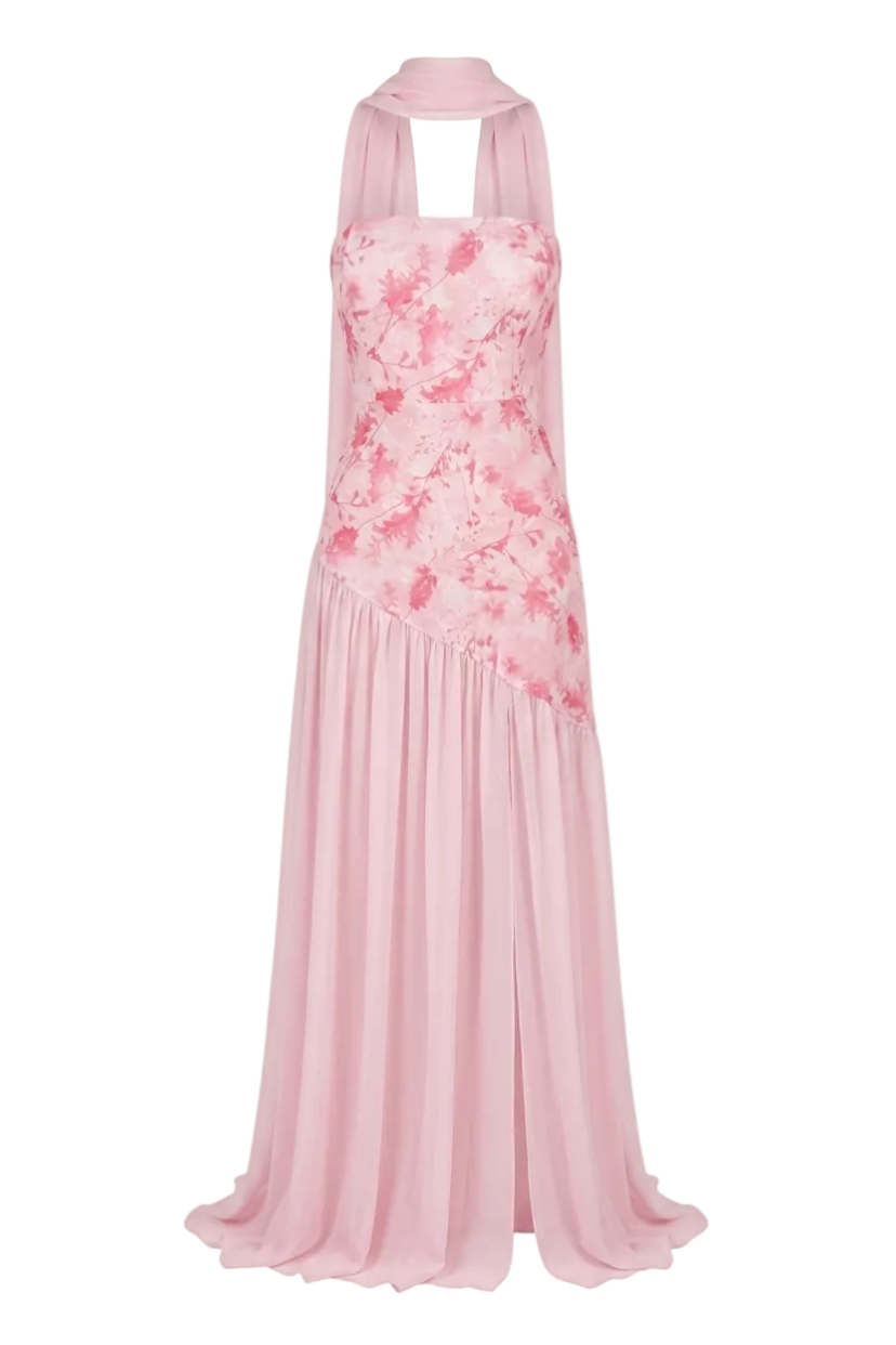 VESTIDO LARGO ASIMÉTRICO CON FULAR
