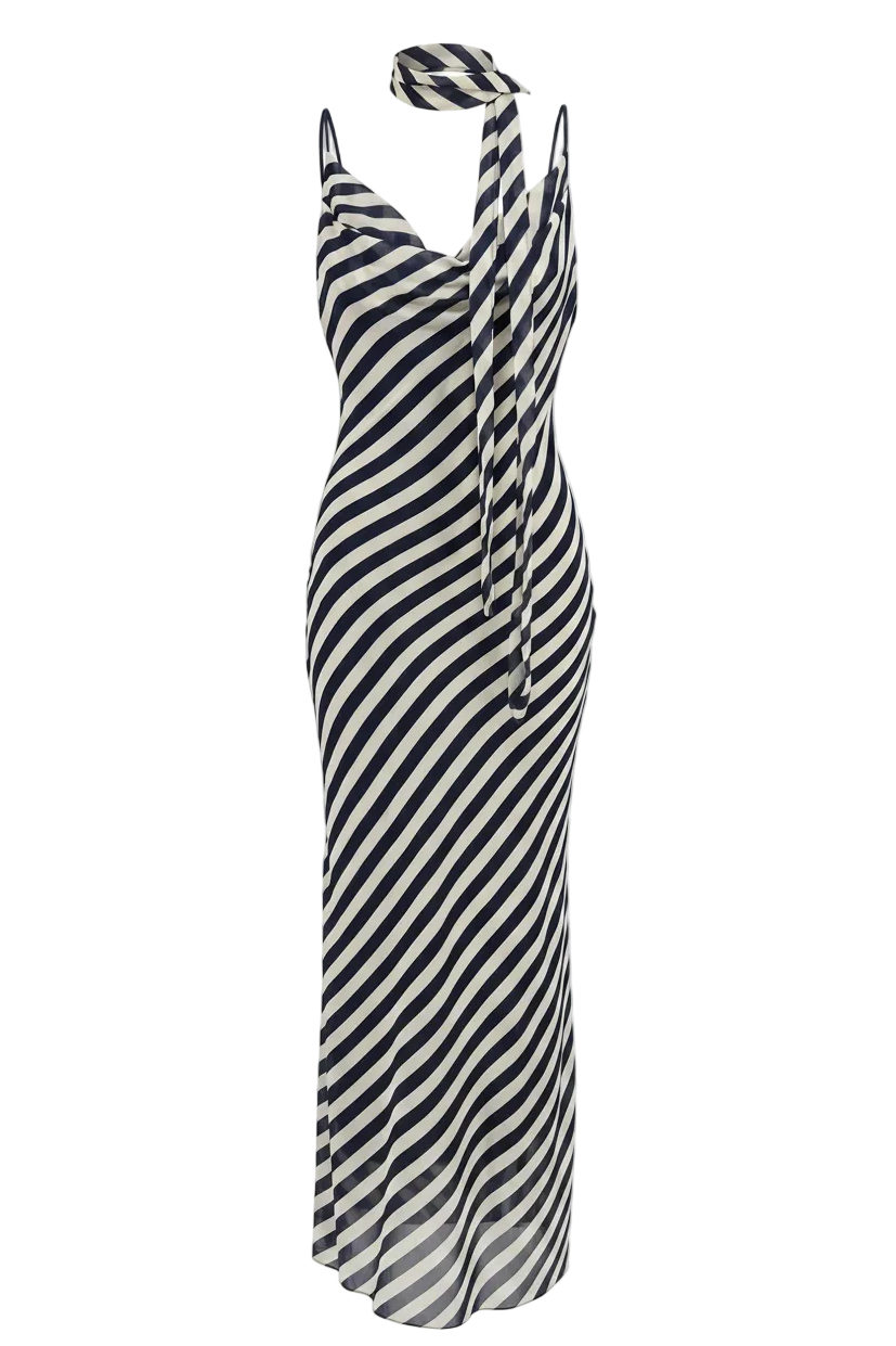 VESTIDO MIDI CHIFFON RAYAS CON FULAR
